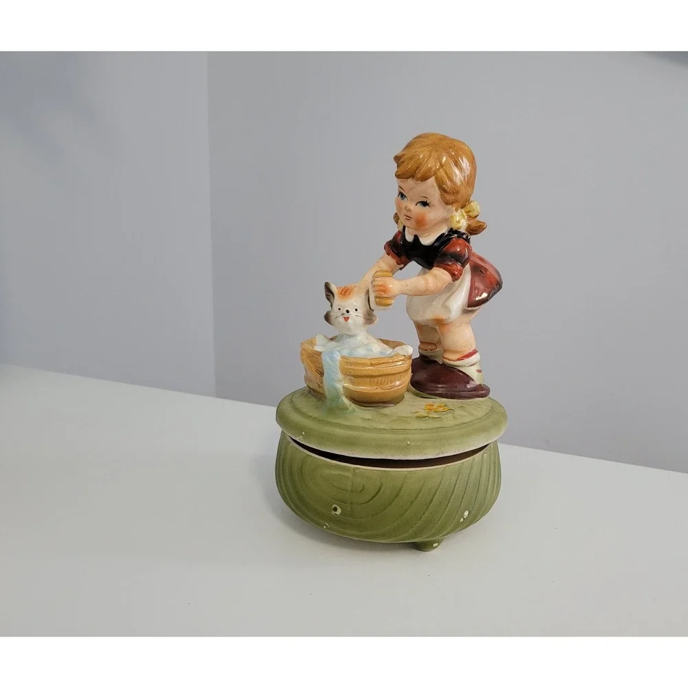 Girl Giving Cat a Bath Music‎ Box - Small Figurine Knick Knack